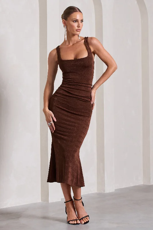 Women's Cold-Shoulder DressesEvora | Chocolate Ruched Square-Neck Midi Dress