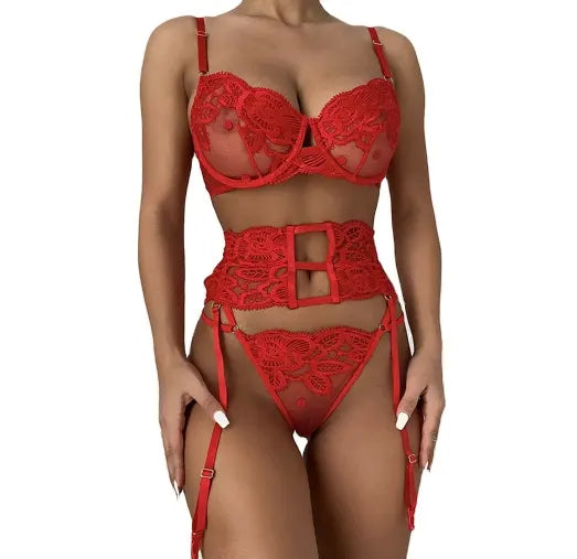 wireless bra with ruched sides for slimmingBloom into Sensuality with Three-Piece Floral Lingerie Set