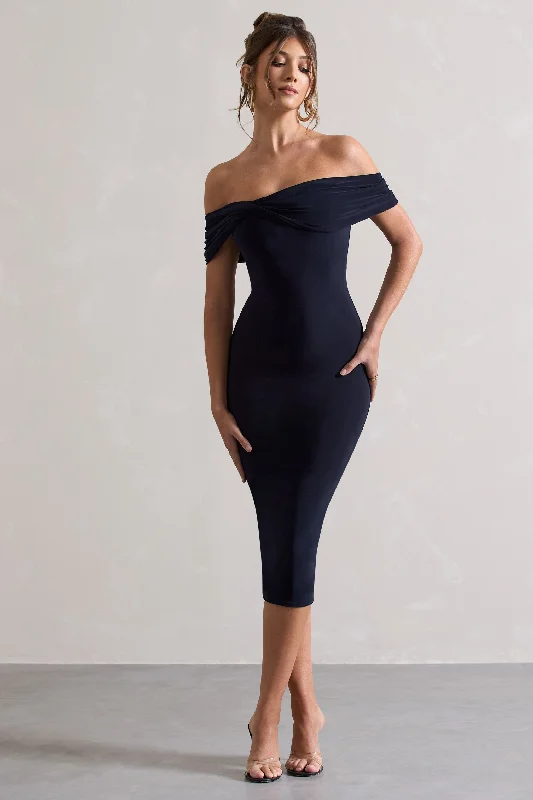 Women's Tiered DressesKeely | Navy Bodycon Twisted Bardot Midi Dress