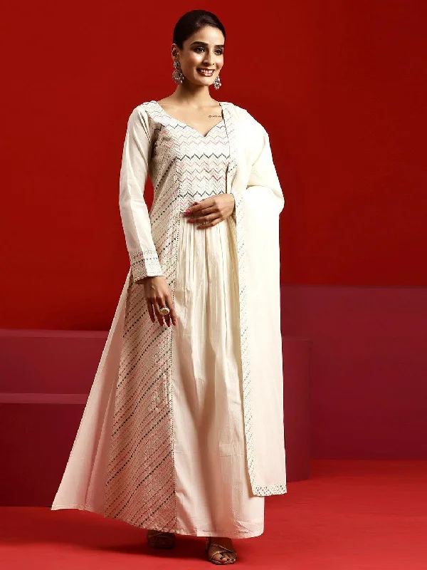 Women's Jumpsuits with Notched CollarLibas Art Off White Embroidered Cotton A-Line Kurta With Trousers & Dupatta