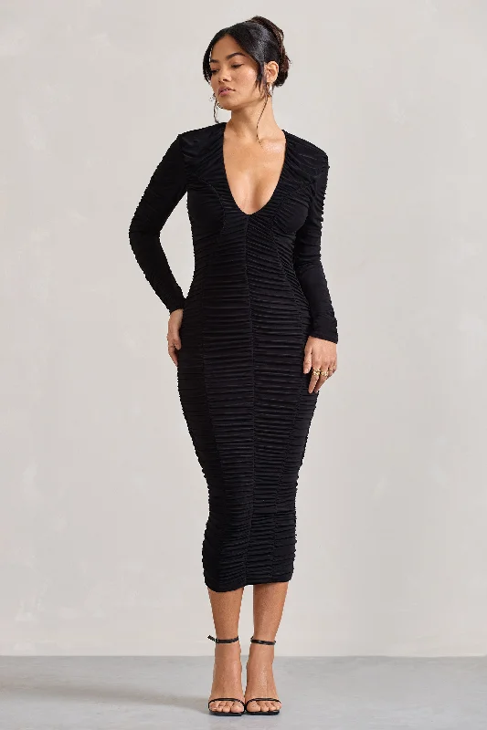 Women's Turtleneck DressesElisabeth | Black V-Neck Long-Sleeved Midi Dress