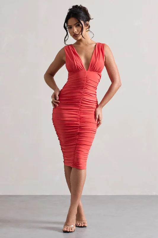 Women's Shawl Collar DressesAttract | Coral Ruched Plunge-Neck Midi Dress