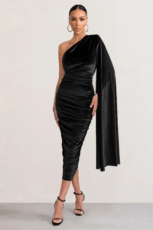 Women's Collarless DressesGianna | Black Velvet One Shoulder Cape Bodycon Midi Dress