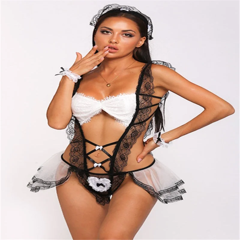 plus-size underwire bra with padded cupsMaid style lace hollow sexy teddy collections (Hair hoop+wristbands) | Lace-Women G-string |Sexy lingerie set | Erotic lingerie