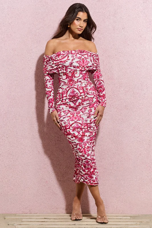 Women's Gathered DressesOver Love | Pink Porcelain Print Bardot Midi Dress