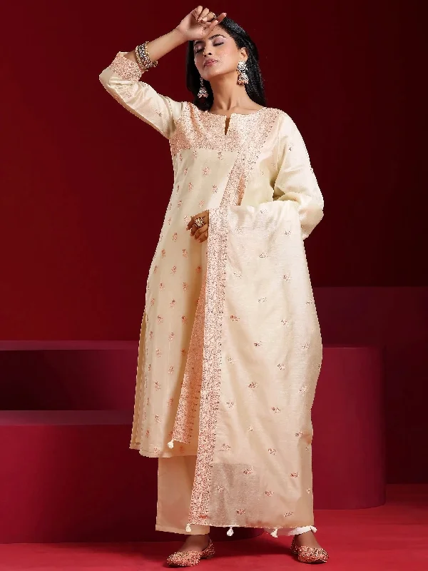 Women's Jumpsuits with Peter Pan CollarLibas Art Off White Embroidered Chanderi Silk Straight Suit With Dupatta