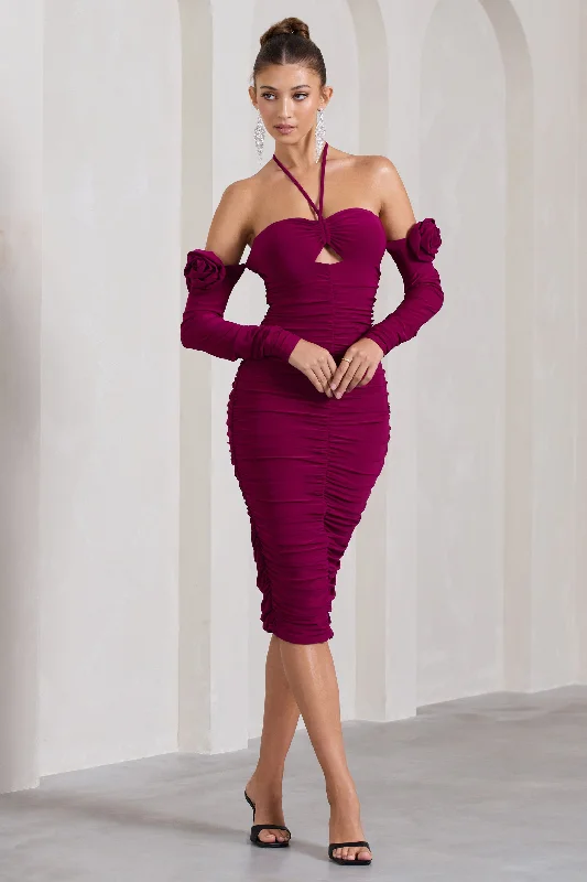 Women's High Collar DressesExtra Special | Dark Cherry Ruched Halter-Neck Midi Dress With Flowers