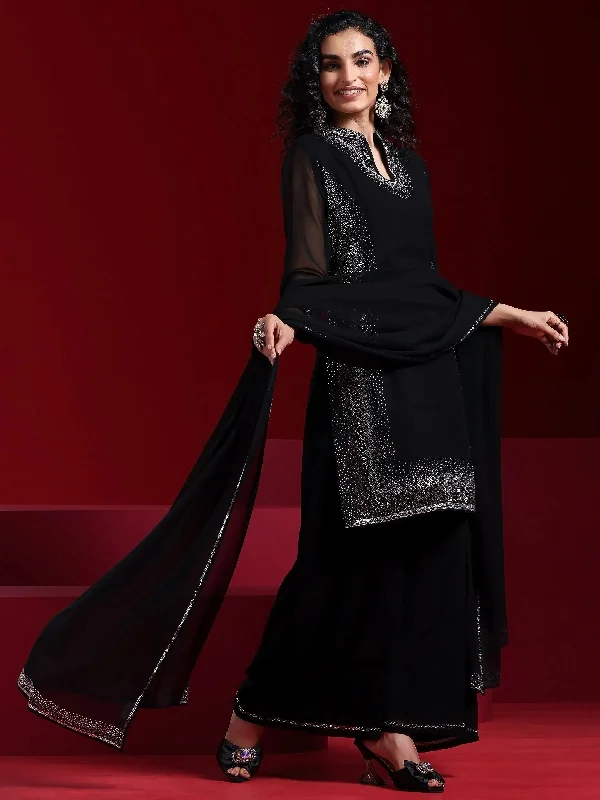 Women's Jumpsuits with Mandarin CollarLibas Art Black Yoke Design Georgette Straight Suit With Dupatta