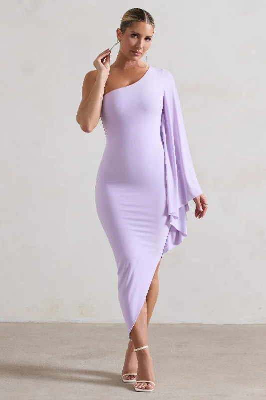 Women's U-Shaped Collar DressesMy Level | Lilac Asymmetric One Shoulder Cape Sleeve Midi Dress