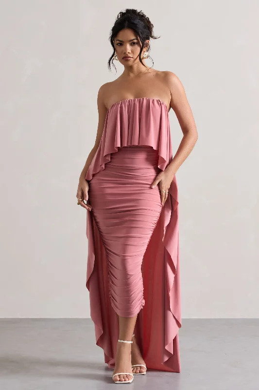 Women's Lapel Collar DressesUpon A Time | Blush Ruched Bandeau Midi Dress With Cape