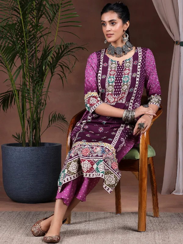 Women's Jumpsuits with Mid-LengthWine Printed Poly Crepe Straight Kurta Set