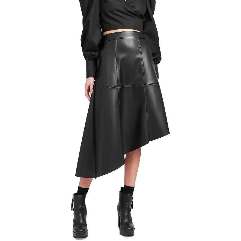 Women's Mandarin Collar SkirtsWomens Faux Leather Asymmetric A-Line Skirt