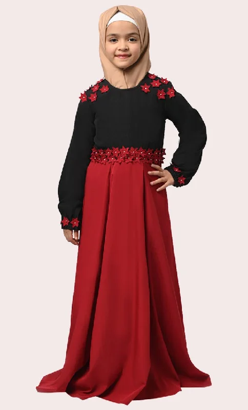 Women's Hooded Sweatshirts with Straight WaistLittle Girl Rihana Black & Red Modest Abaya With Pockets