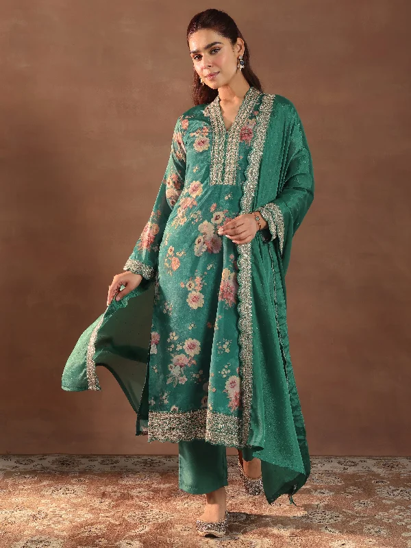 Women's One-Piece JumpsuitsGreen Printed Silk Blend Straight Suit With Dupatta