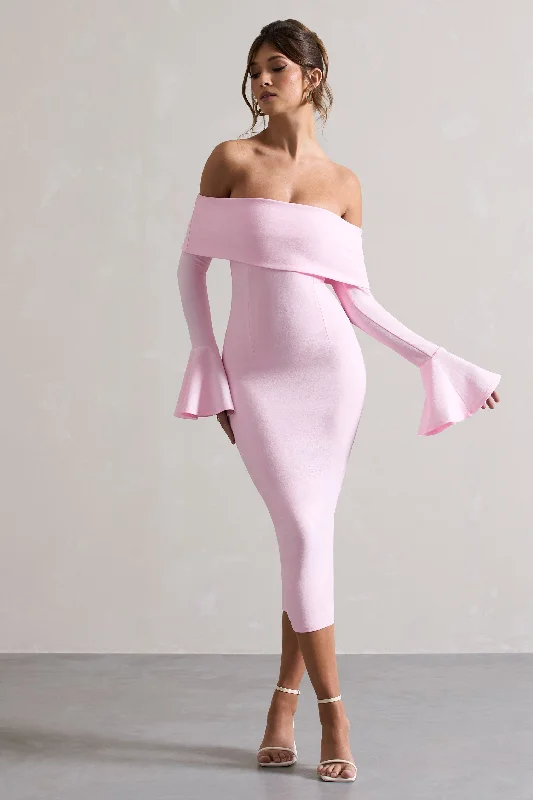 Women's One-Shoulder DressesEmma | Pink Bardot Flared-Sleeve Midi Dress