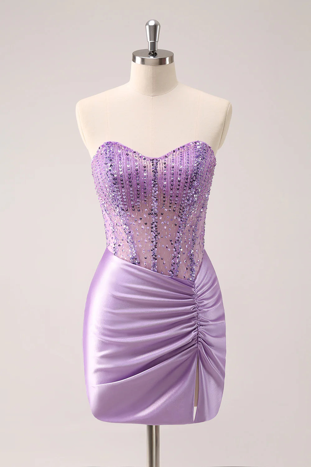 Women's High Collar DressesAmzcw Sparkly Lilac Bodycon Strapless Sequins Ruched Short Homecoming Dress with Beading