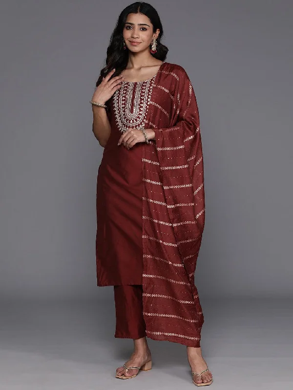 Women's Jumpsuits with Collarless NeckMaroon Yoke Design Silk Blend Straight Suit With Dupatta