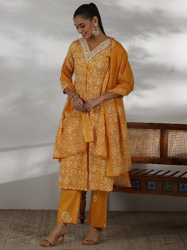 Women's Jumpsuits with SleevesMustard Printed Cotton Straight Suit With Dupatta