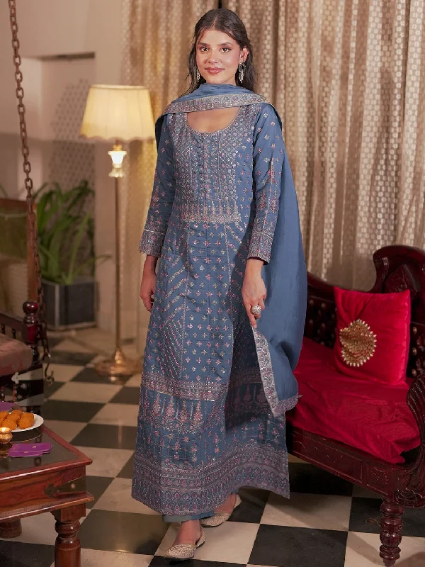 Women's Jumpsuits with Ankle LengthLibas Art Blue Embroidered Silk Blend A-Line Kurta With Sharara & Dupatta