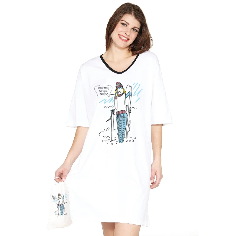 women's pajamas with lace trim"Listen Honey, I'm in a Meeting" (ski version)  Nightshirt in a Bag