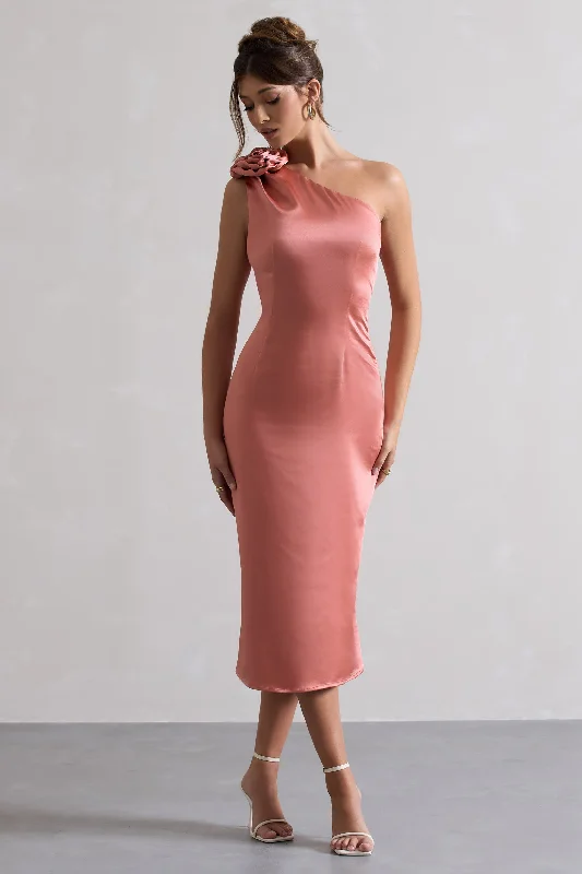 Women's Shirt Collar DressesAscot | Coral Satin One Shoulder Midi Dress With Corsage