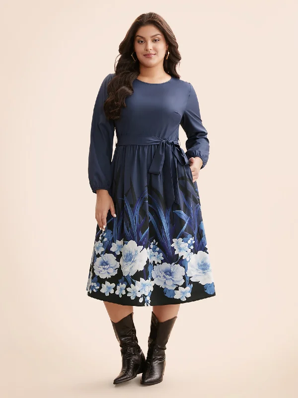 Women's Square-Neck DressesBoho Print Belted Lantern Sleeve Dress