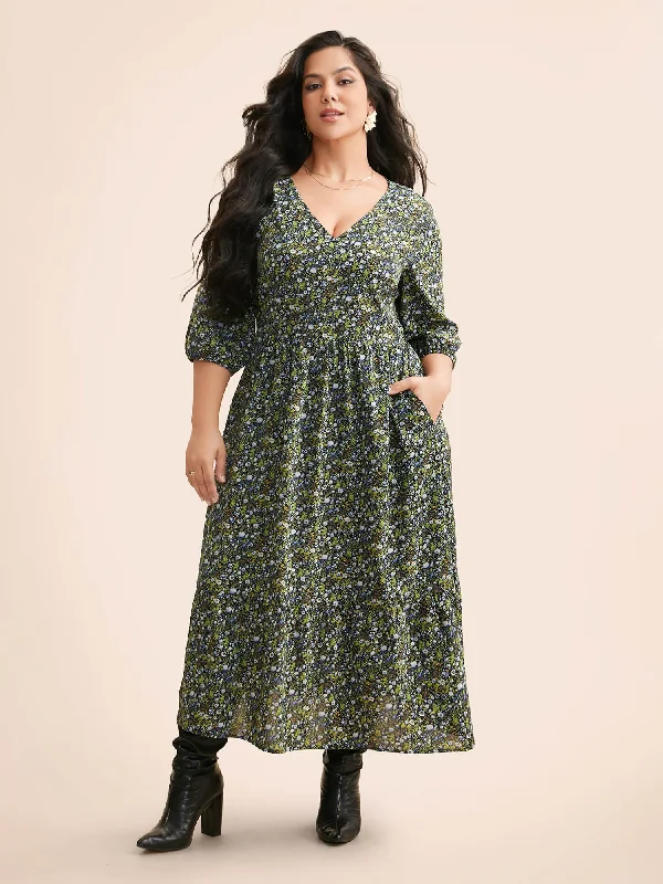 Women's U-Shaped-Neck DressesDitsy Floral Lantern Sleeve Ruffle Hem Dress