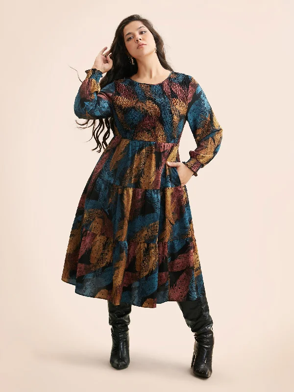 Women's Off-the-Shoulder DressesFeather Print Shirred Lantern Sleeve Dress