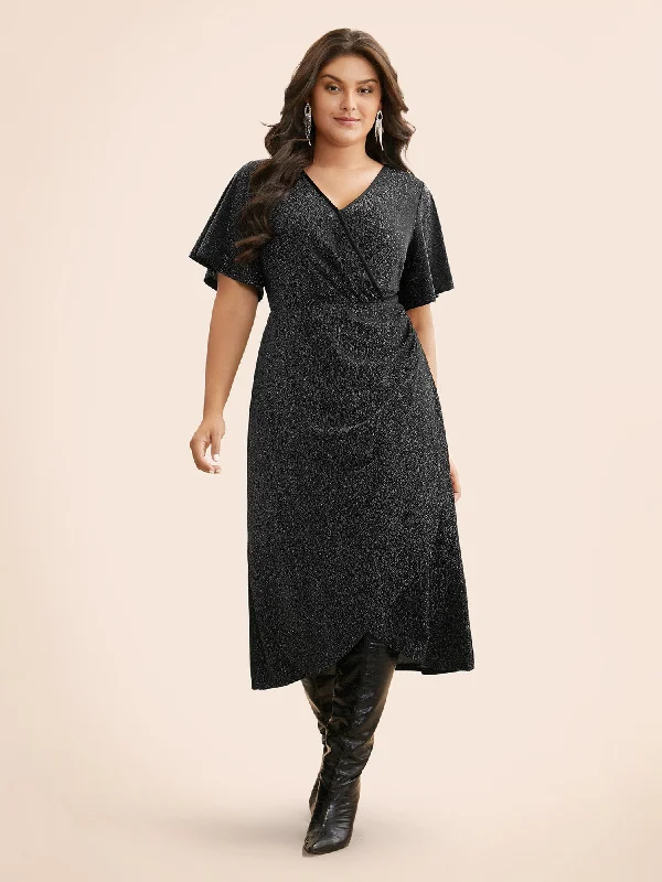 Women's Mini DressesLuxe Overlap Collar Ruffle Sleeve Dress