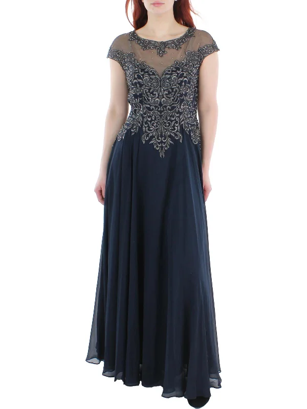 Women's Racerback DressesPetites Womens Embellished Illusion Evening Dress