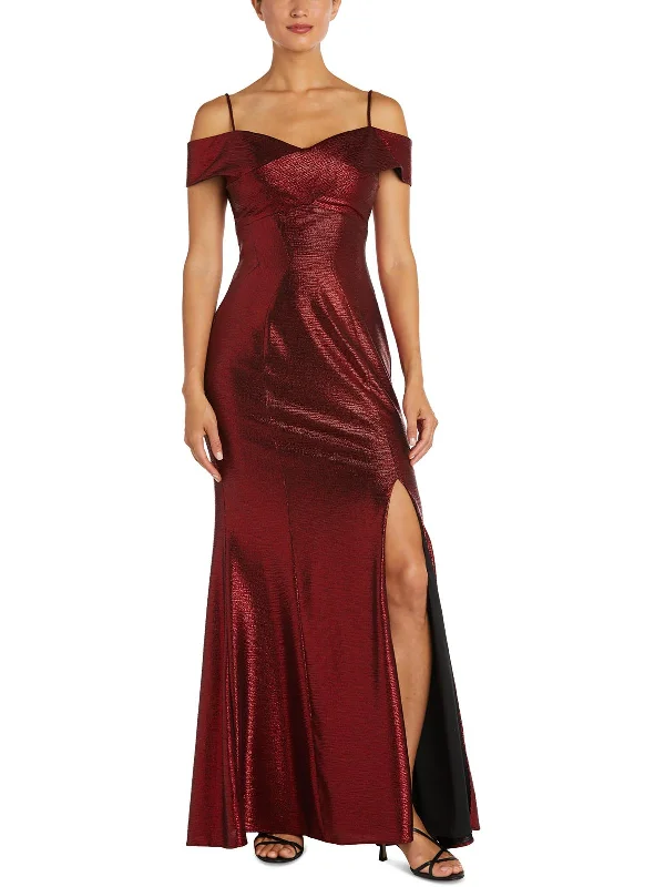 Women's V-Back DressesPetites Womens Metallic Off The Shoulder Evening Dress