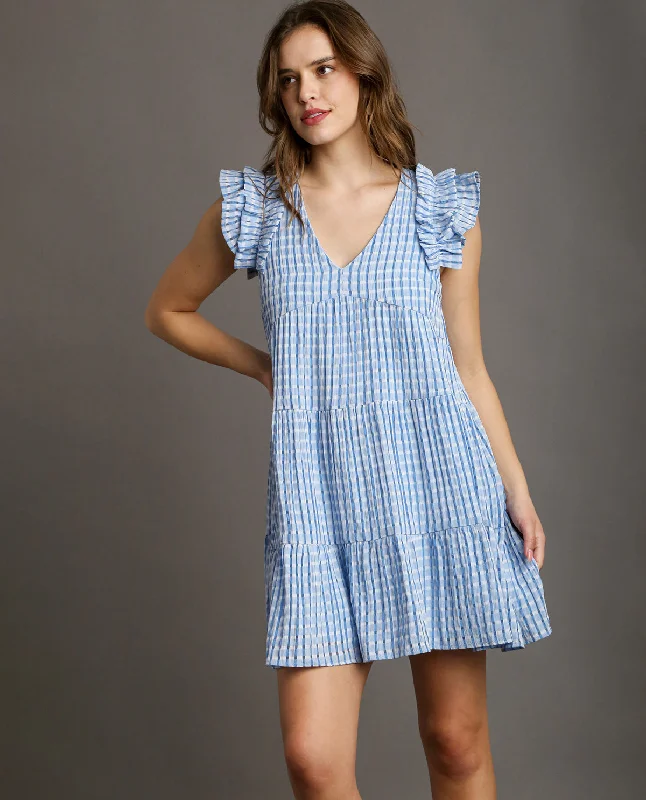 Women's Wide Collar DressesSeersucker V-Neck Tiered Dress