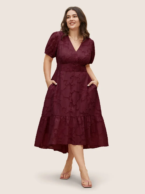  Women's A-Line DressesSolid Textured Lantern Sleeve Button Detail Dress