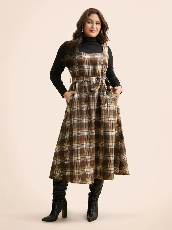 Women's Long-Sleeve DressesSquare Neck Plaid Belted Dress