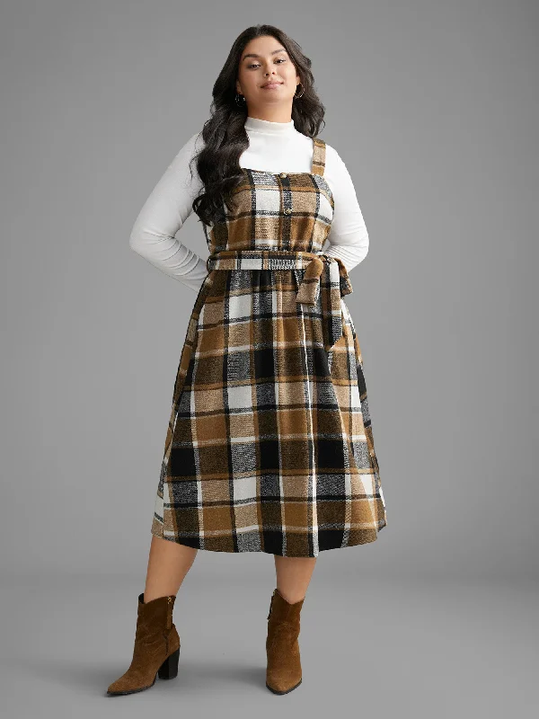 Women's Lapel Collar DressesSquare Neck Plaid Button Detail Belted Dress