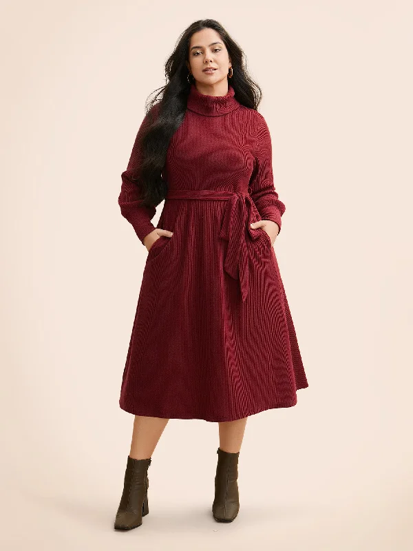 Women's Boat-Neck DressesTurtleneck Belted High Stretch Knit Dress