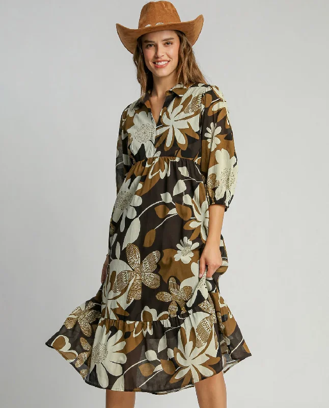 Women's Mandarin-Neck DressesTiered Floral Print Dress