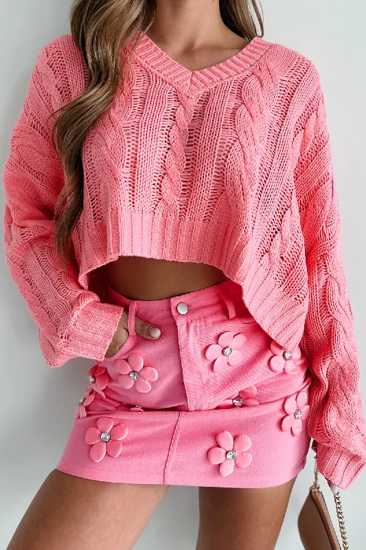 Women's Blouse with Square CollarAll About The Cuteness Cable Knit Crop Sweater (Pink)