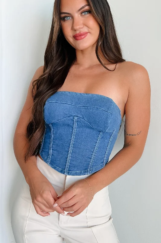 Women's Blouse with Square NeckBurned Bridges Strapless Denim Crop Top (Medium-Light Denim)