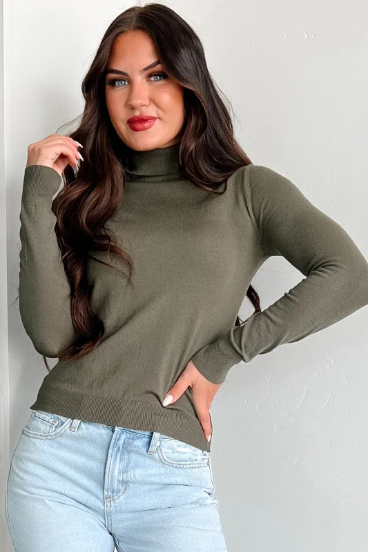 Women's Blouse with V-Shaped CollarConceptually Chic Long Sleeve Turtleneck Top (Olive)