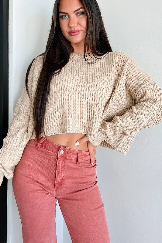 Women's Blouse with Boat CollarCoziest Memories Crewneck Crop Sweater (Taupe)