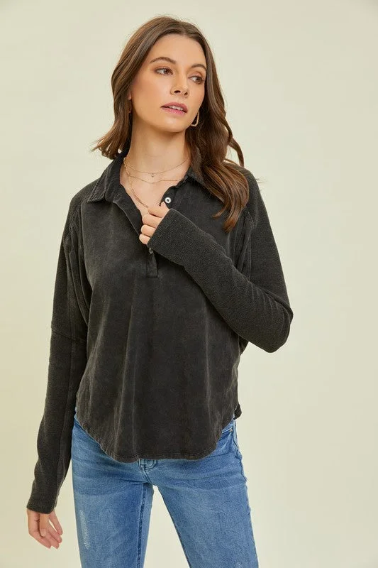 Women's Blouse with Lapel CollarDrawing Lines Long Sleeve Top (Black)