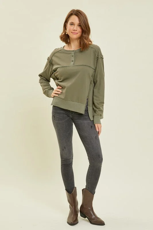 Women's Blouse for OfficeEndless Patience Oversized Long Sleeve Top (Olive)