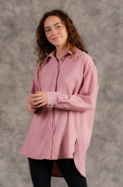 Women's Blouse with Mandarin CollarFrom Here On Out Oversized Corduroy Long Sleeve Top (Blush)