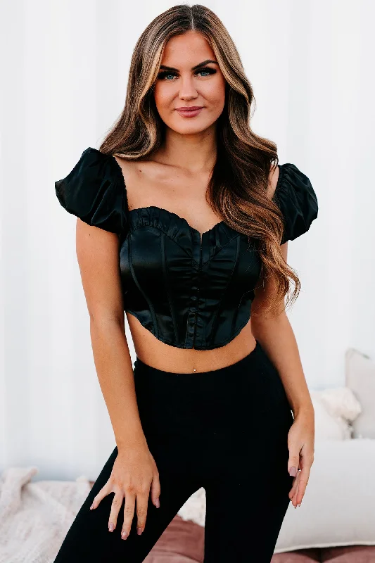 Women's Blouse with Collarless NeckI Don't Need Luck Cap Sleeved Satin Crop Top (Black)