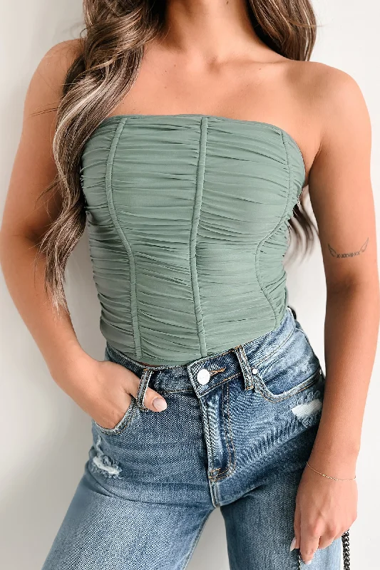 Women's Blouse with HoodIrresistible Beauty Ruched Strapless Top (Sage)