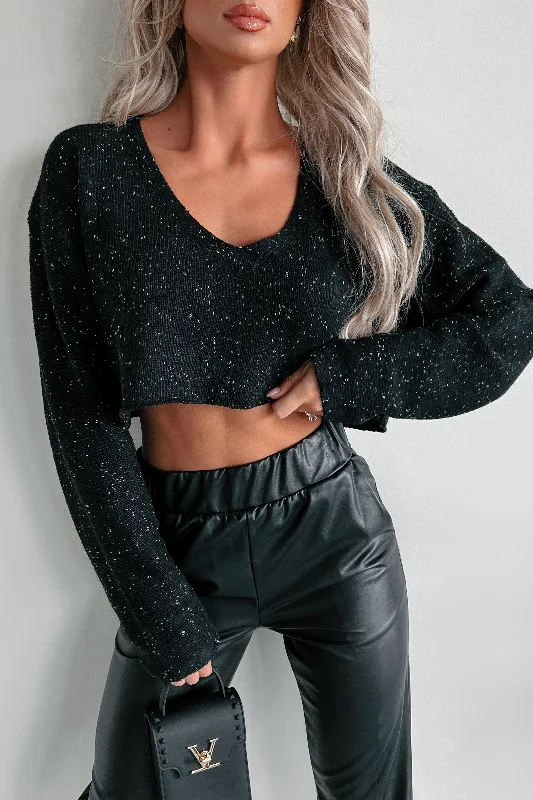 Women's Blouse with Long SleevesLast To Leave Speckle Knit Crop Sweater (Black)