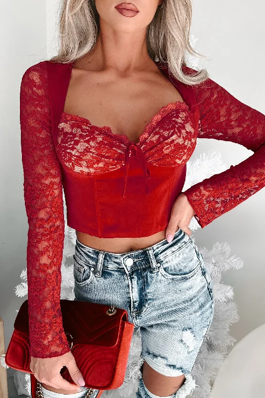 Women's V-Neck BlouseLeave You In Awe Lace Detail Long Sleeve Crop Top (Red)