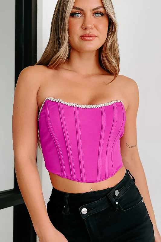 Women's Blouse with Long LengthLuxurious Living Rhinestone Trim Corset Top (Magenta)