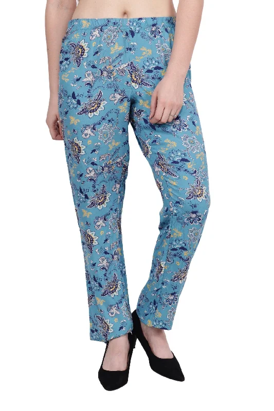 women's pajamas for those who appreciate soft, breathable fabricsBlue Floral Printed Trousers